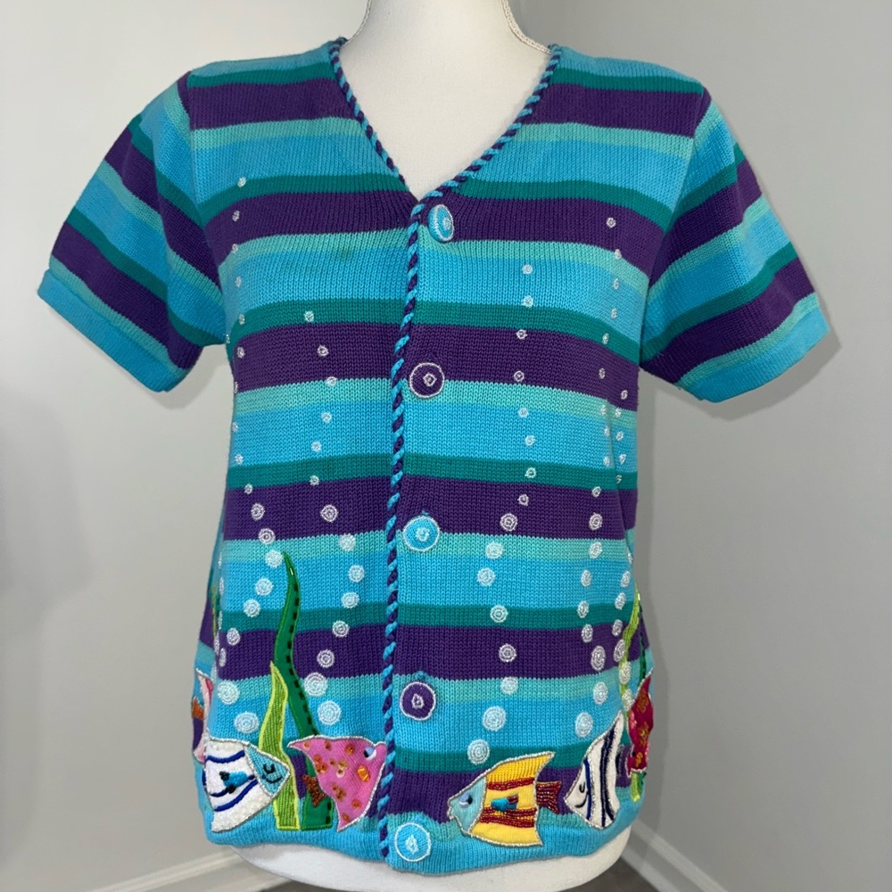 Vintage Just B Fish Knit Cardigan Medium Striped‎ Aquatic Embroidered Button Top